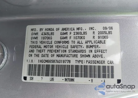 2007 Honda Accord 3.0 Ex from USA, damaged, VIN 1HGCM66587A019778